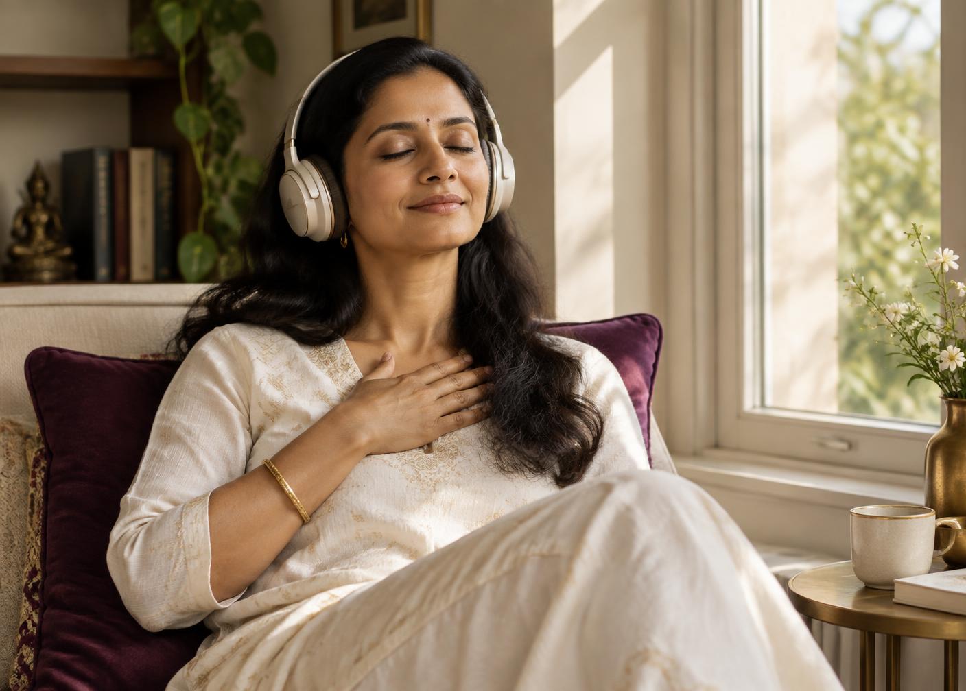 A woman finding calm through a short guided meditation