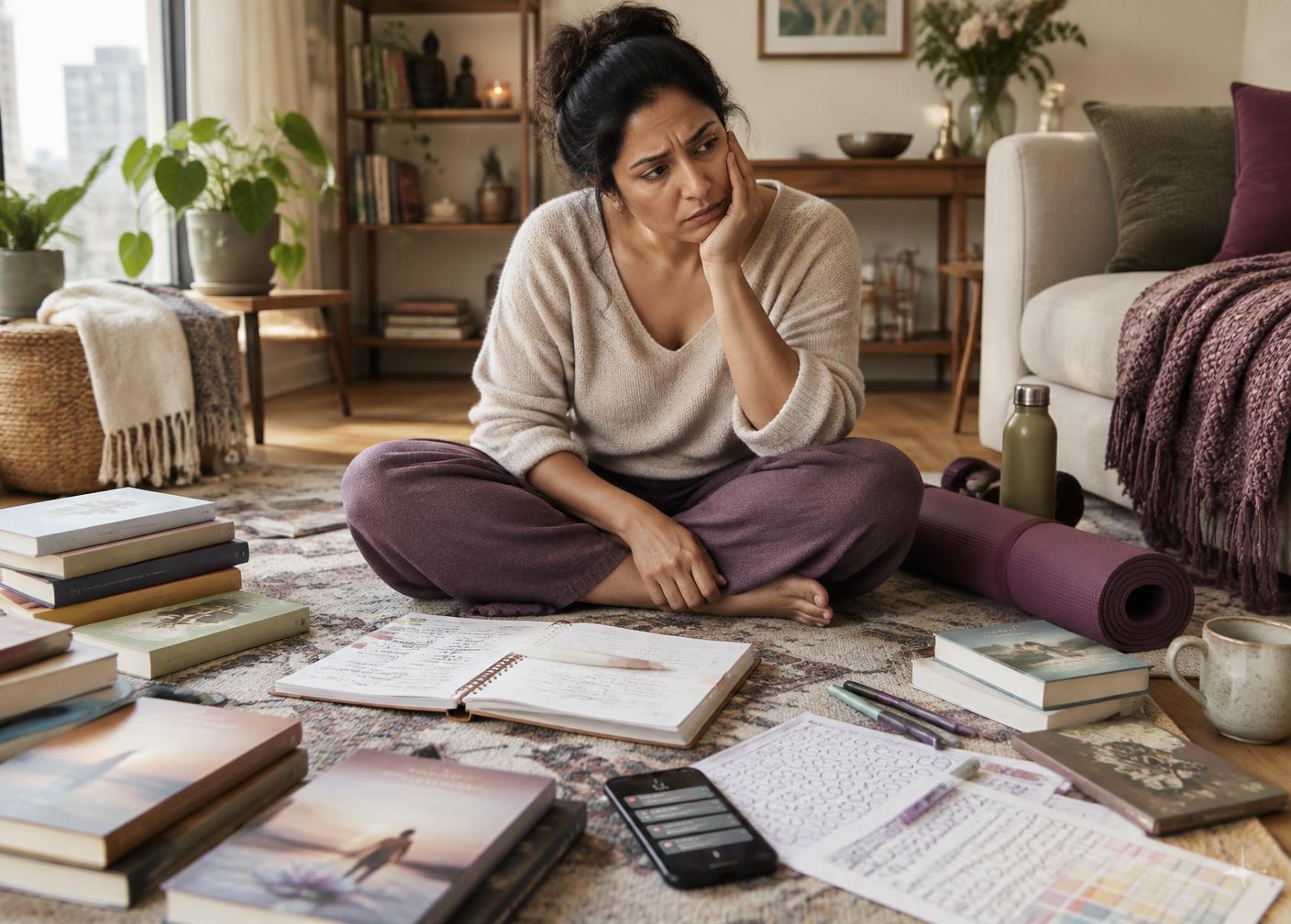 A woman overwhelmed by too many complicated wellness routines