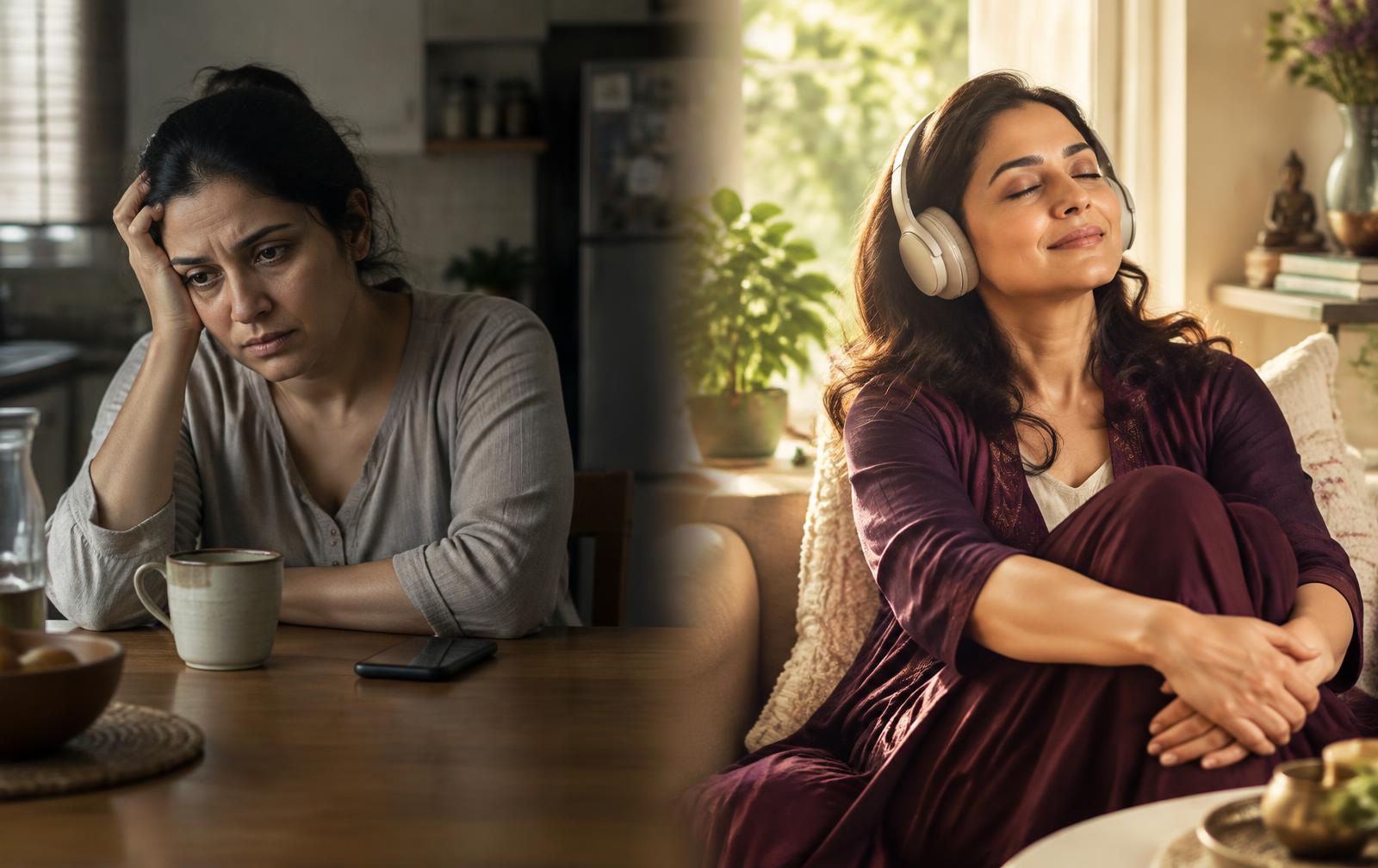Illustration of a woman moving from emotional exhaustion to a calm daily self-care practice